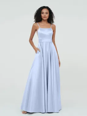 A-ligne Bretelles Spaghetti Robes Maxi en Satin Bleu Ciel