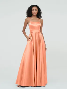 A-ligne Bretelles Spaghetti Robes Maxi en Satin Papaye