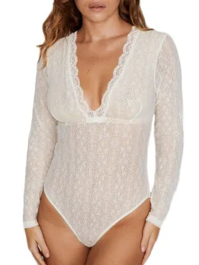 Body manches longues décolleté plongeant en dentelle vegan Fabienne - Beige clair