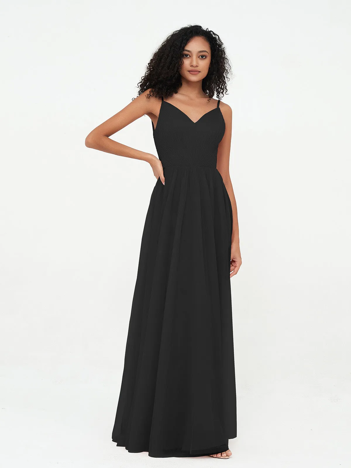 Bretelles Spaghetti Robes Maxi Plissé en Tulle Noir