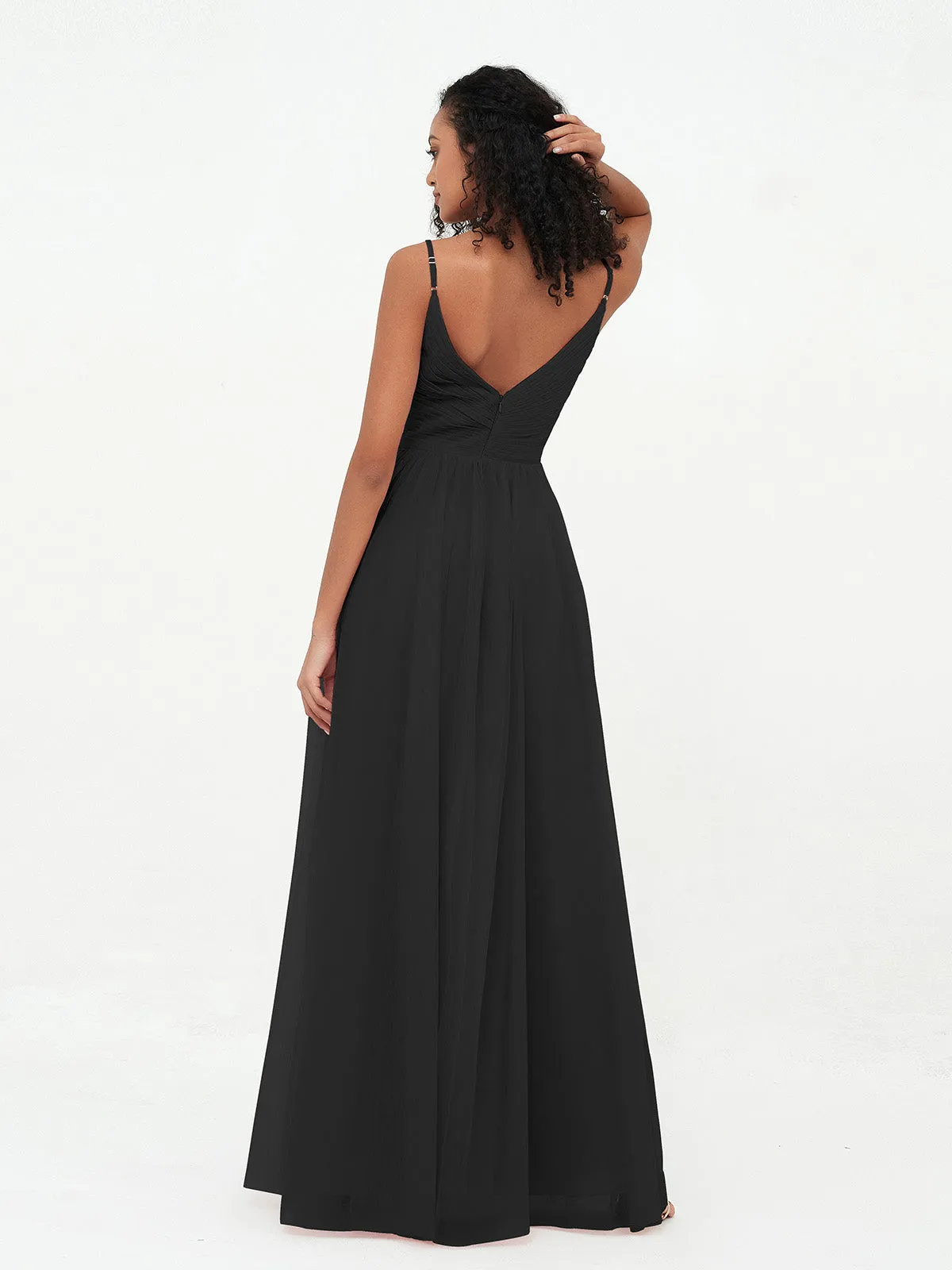 Bretelles Spaghetti Robes Maxi Plissé en Tulle Noir