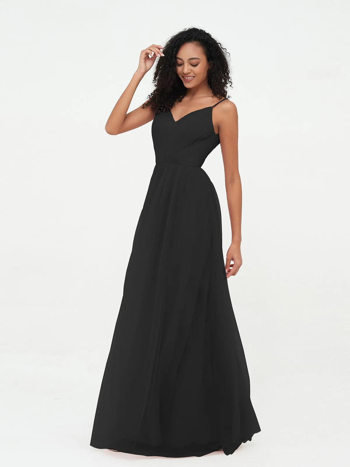 Bretelles Spaghetti Robes Maxi Plissé en Tulle Noir