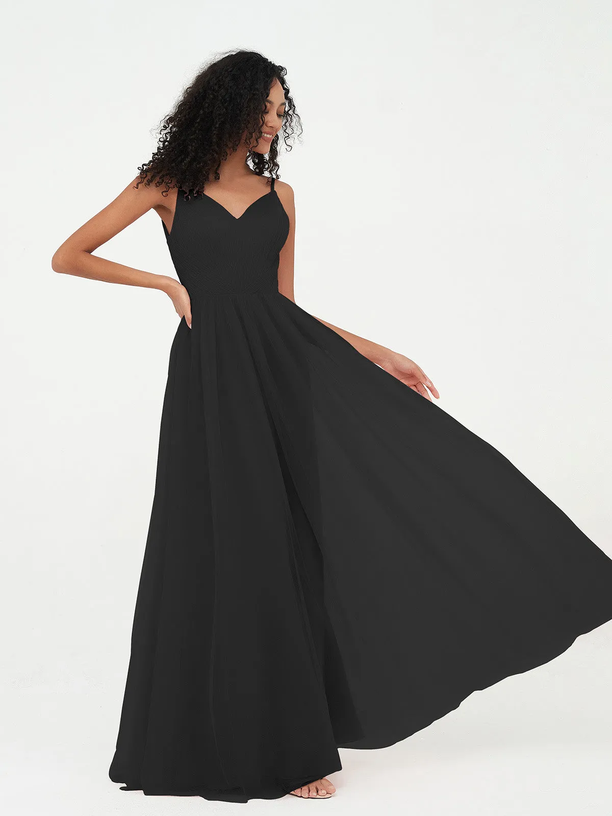 Bretelles Spaghetti Robes Maxi Plissé en Tulle Noir