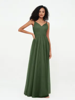 Bretelles Spaghetti Robes Maxi Plissé en Tulle Olive Verte