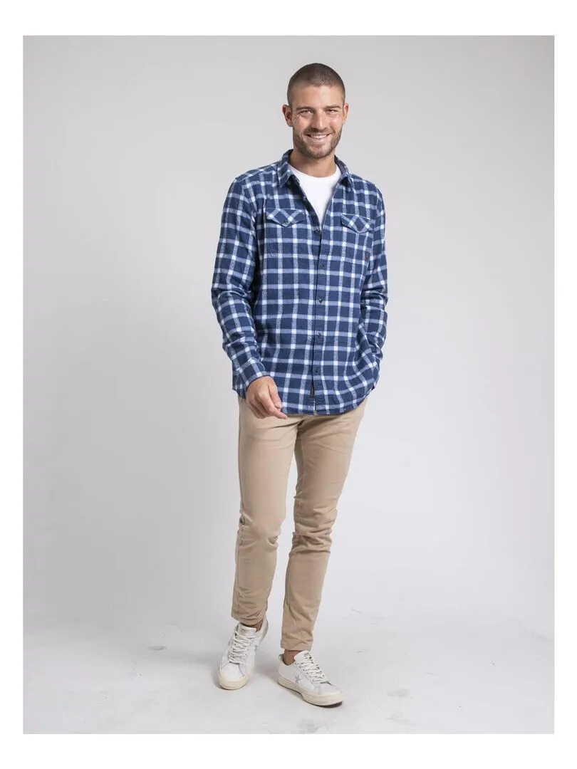 Chemise manches longues carreaux pur coton flanelle TOLFOX - Bleu marine