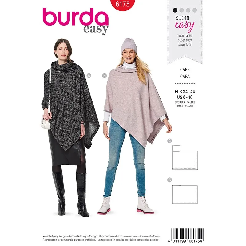 Patron cape rectangulaire à col roulé Femme –  Burda N°6175