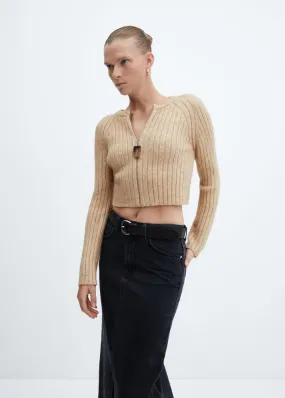 Pulls Et Cardigans | Femme MANGO Cardigan Maille Côtelée Détail Fermeture Éclair Marron Moyen