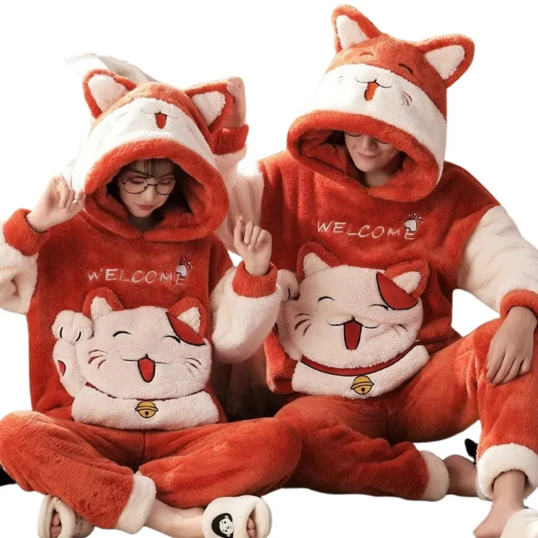 Pyjamas d'Hiver pais pour Couples avec Motif Chat Cartoon - Confort et Style Kawaii