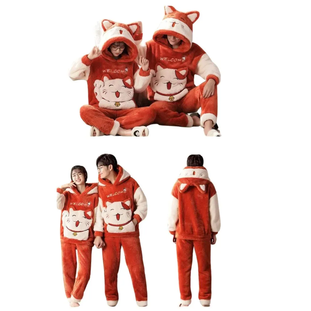 Pyjamas d'Hiver pais pour Couples avec Motif Chat Cartoon - Confort et Style Kawaii