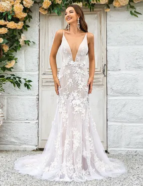 Robe de mariée en dentelle à col bateau et illusion sirène ivoire